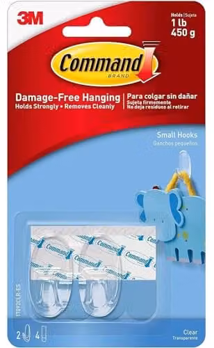 3M Command Small Transparent Hooks with Adhesive Strips, Pack of 2 Hooks and 4 Strips, Holds up to 450 g