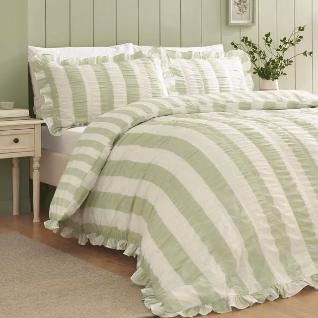 Catherine Lansfield Seersucker Frill Stripe Duvet Cover and Pillowcase Set, Green, W/D/H: 180 x 200 cm and 50 x 70 cm
