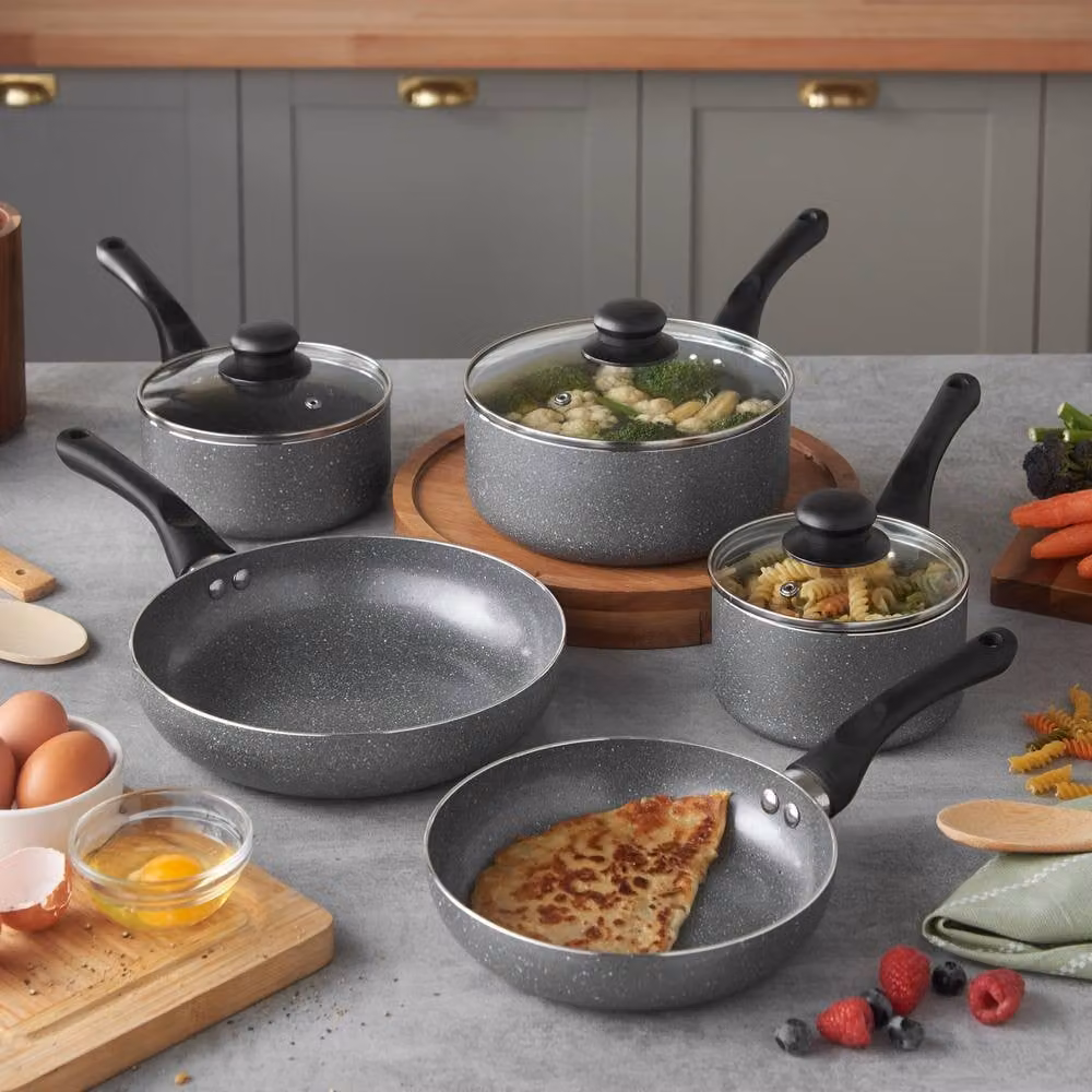 VonShef 8 Piece Non-Stick Granite Pots and Pans Set in Grey, Induction Safe with Glass Lids – 7