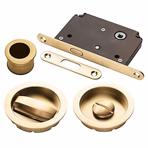 Satin Brass Sliding Bathroom Door Flush Pull Set with Turn and Release Lock
