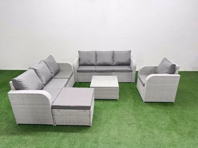Fimous 8 Seater Poly Rattan Garden Furniture Set in Grey with 3 Seater Sofa, Reclining Chairs, Square Coffee Table and Ottoman
