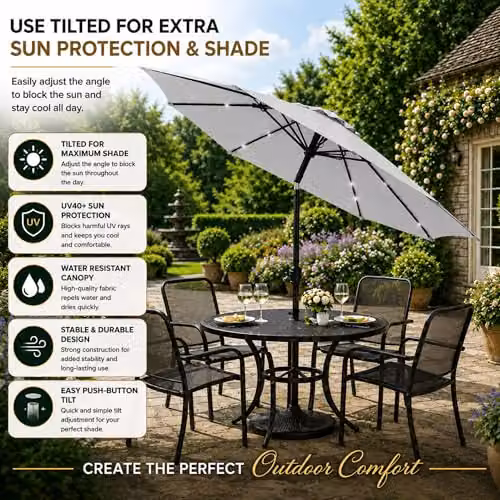 GlamHaus Solar LED Tilting Garden Parasol with Crank Handle and UV40 Protection, Grey – 5