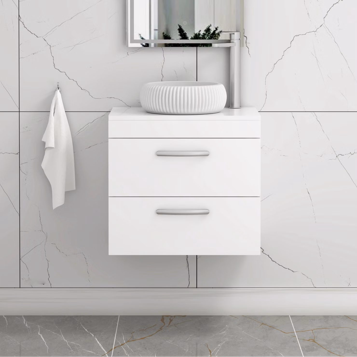 Royal Bathrooms Turin 600mm Wall Hung Gloss White Vanity Unit with 2 Drawers and Countertop Basin