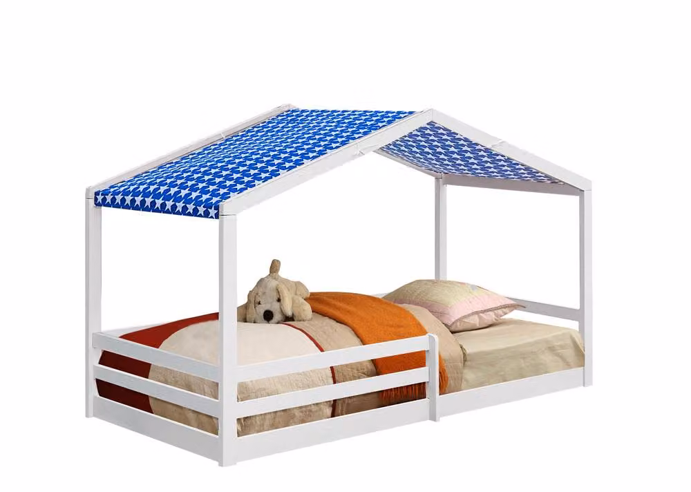 Comfy Living Ltd Single Wooden House Bed with Blue Tent in White and Grey, W/D/H: 90 x 200 cm – 2