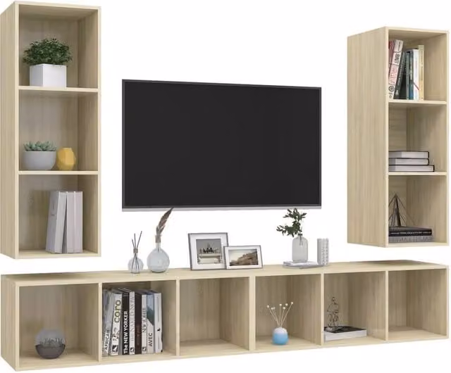 Berkfield Home Set of 4 Wall-mounted TV Cabinets in Sonoma Oak and Light Beige Engineered Wood – 1