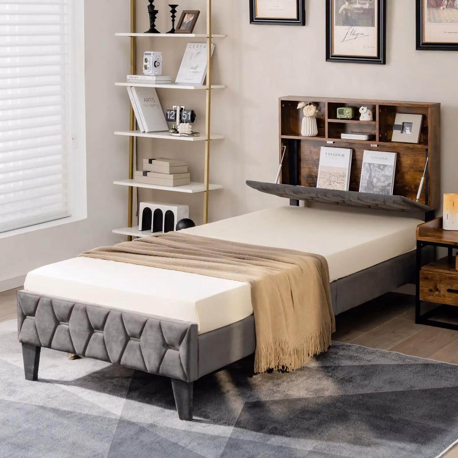 Costway Single Upholstered Velvet Platform Bed Frame with Storage Headboard and Side Compartments in Grey – 6