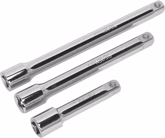 Loops 3 Piece Chrome Vanadium Steel Extension Bar Set with 3/8 inch Square Drive and Spring-Ball Socket Retainer in Silver