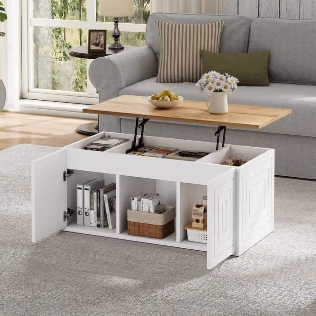 ModernLuxe Height Adjustable Rectangular Coffee Table with Storage and 2 Cabinet Doors in White – 1