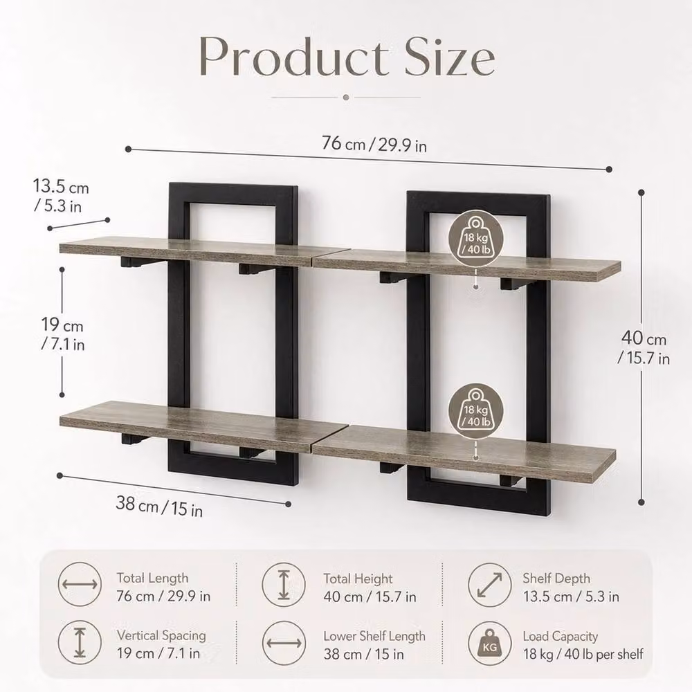 VOGREX Grey Industrial Wall Mounted Rack Set of 2 Metal and Wood Shelves – 2