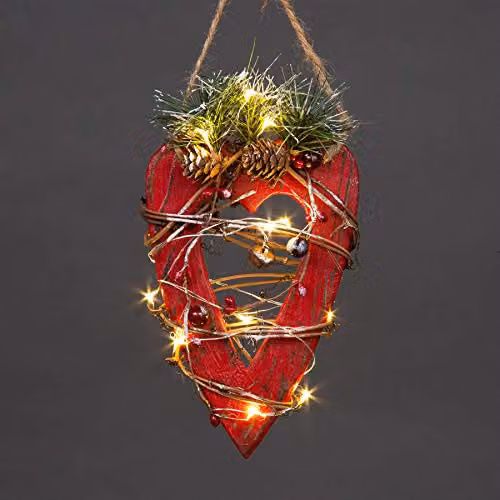 Shatchi Red and Green Wooden Heart LED Tabletop Christmas Decoration W/D/H: 12 x 12 x 19 cm