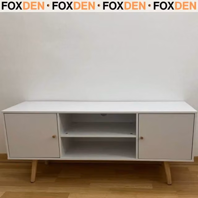Hinsinc White Minimalist TV Unit with Doors, Shelves and Wooden Legs, W: 120 cm, D: 50 cm, H: 40 cm – 1