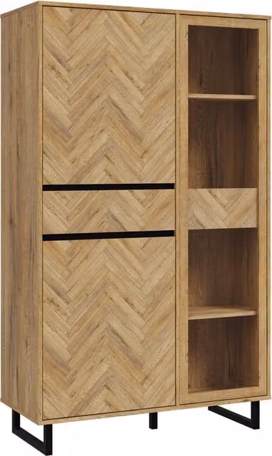 Furniture To Go Nikomedes Mid-Century Oak Display Cabinet in Brown with Glass Doors and Internal Shelves