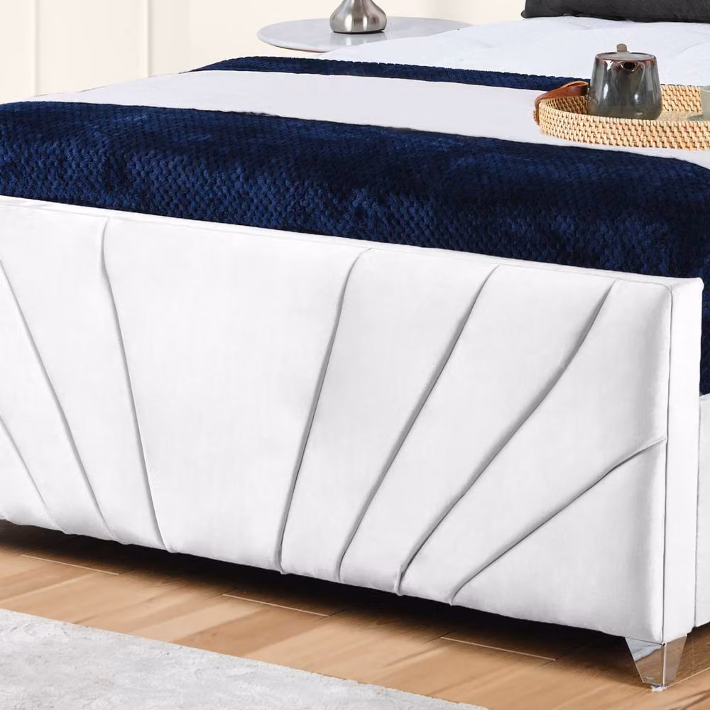 UK Bed Furniture Sunrise Upholstered Velvet Slatted Base Bed in White, Size: 200 x 200 cm – 3