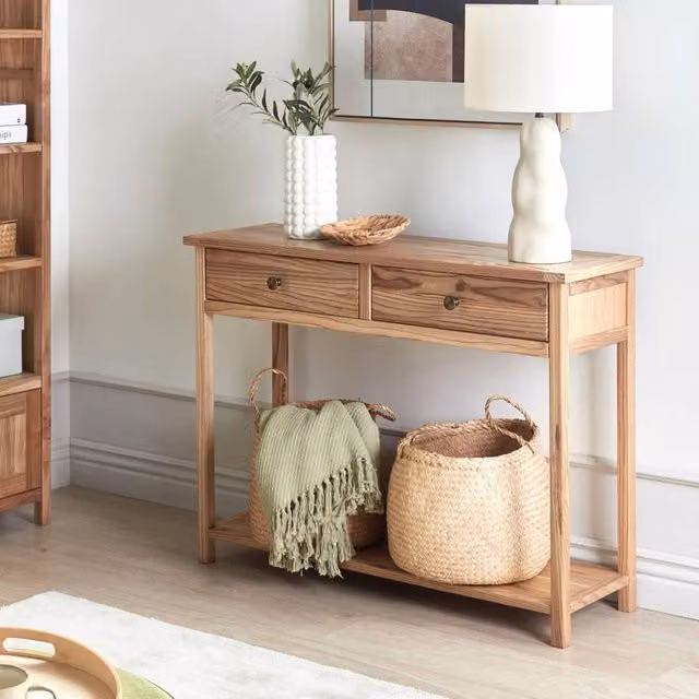 Wyld and Coco Rustic Sassafras Wood Console Table with 2 Drawers, Brown, W: 100 cm, D: 31 cm, H: 74 cm