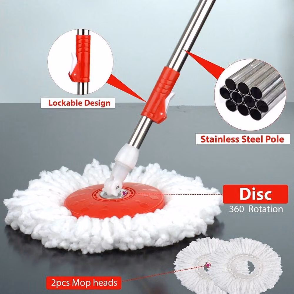 Havendro 360 Degree Floor Spin Mop and Bucket Set with Wringer and 2 Microfibre Heads in Red – 2