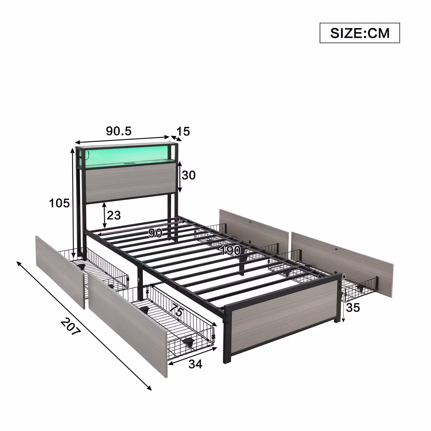 Matteo Metal Single Bed in Black with LED Under-bed Lighting, USB Charging Port and 4 Drawers, W/D/H: 90 x 190 cm – 8