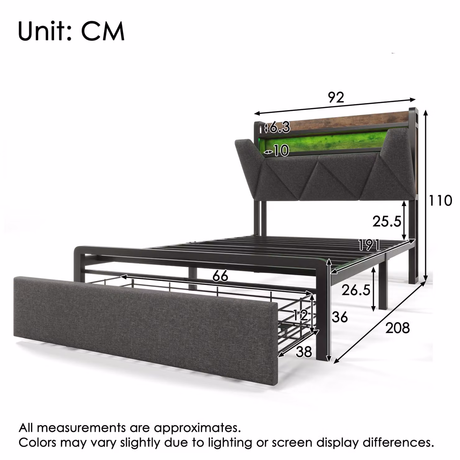 Aosom UK Grey Upholstered Single Storage Bed with LED Lighting, USB Type-C Charging and Drawers, W/D/H: 92 x 208 x 110 cm – 3