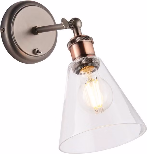 Endon Hal Metal Wall Lamp in Aged Pewter and Copper with Transparent Glass Shade