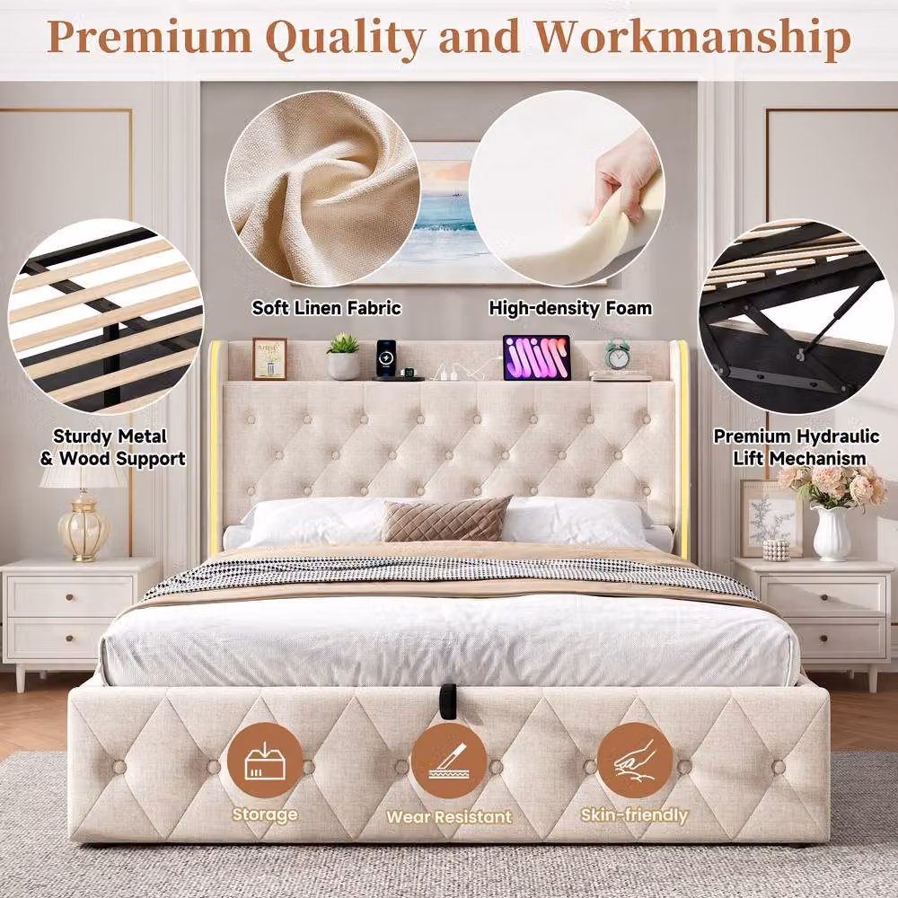 Rolipo Double Upholstered Bed Frame in Beige with Hydraulic Storage, LED Under-Bed Lighting and USB Charging Port – 3