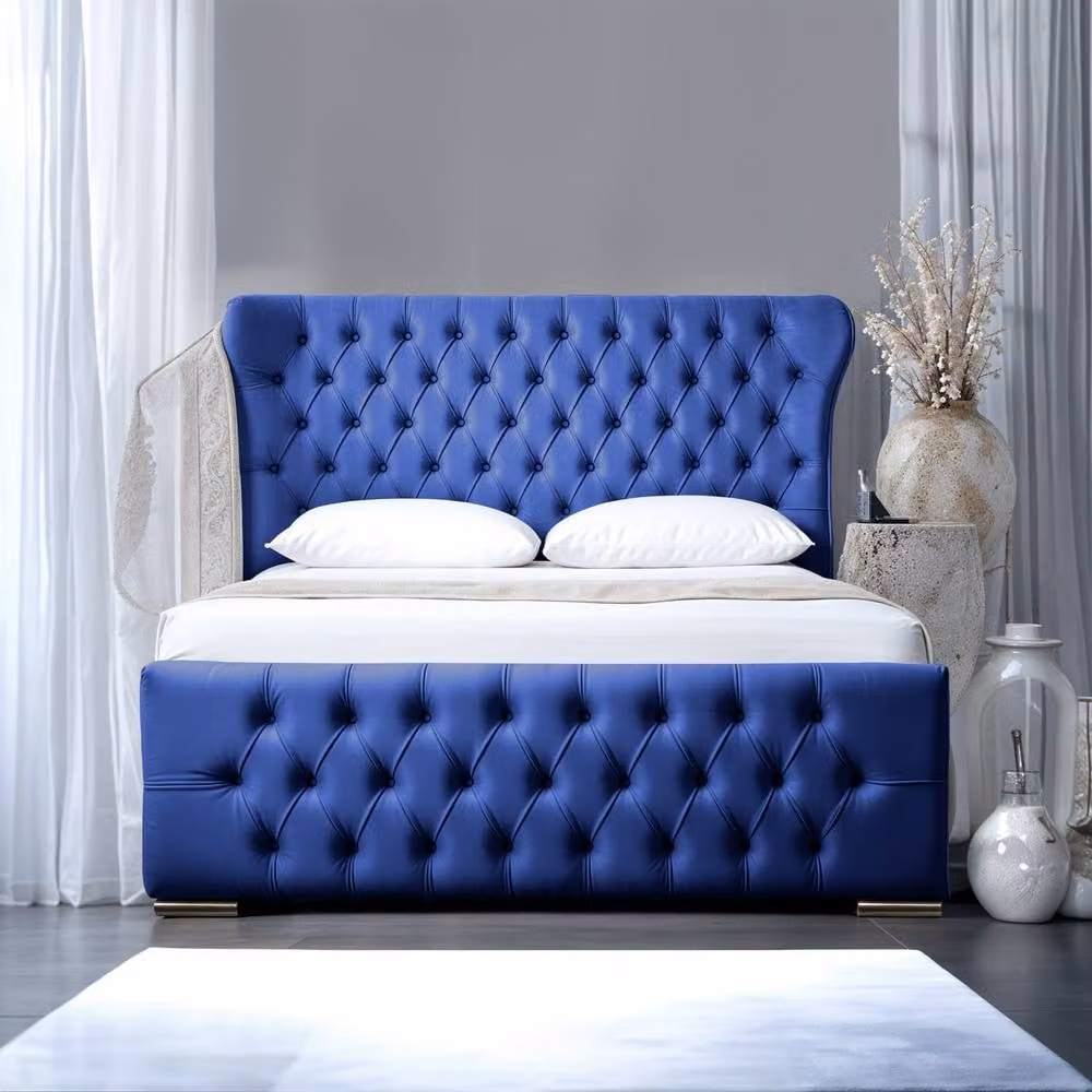 UK Bed Furniture Isabella Blue Velvet Upholstered Slatted Base Bed, W/D/H: 180 x 200 cm – 2
