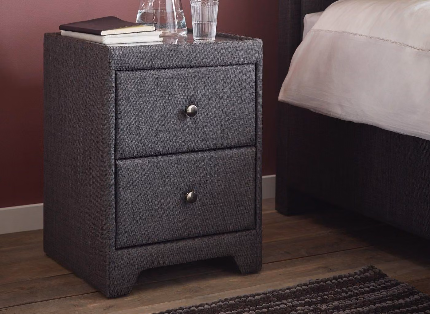 Dreams Kimberley Upholstered Bedside Table with Glass Top in Grey