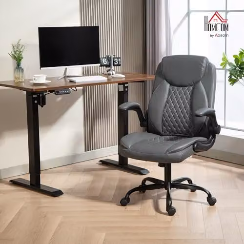 HOMCOM Modern Anthracite Grey Synthetic Leather Swivel Task Chair with Headrest and Armrests – 2