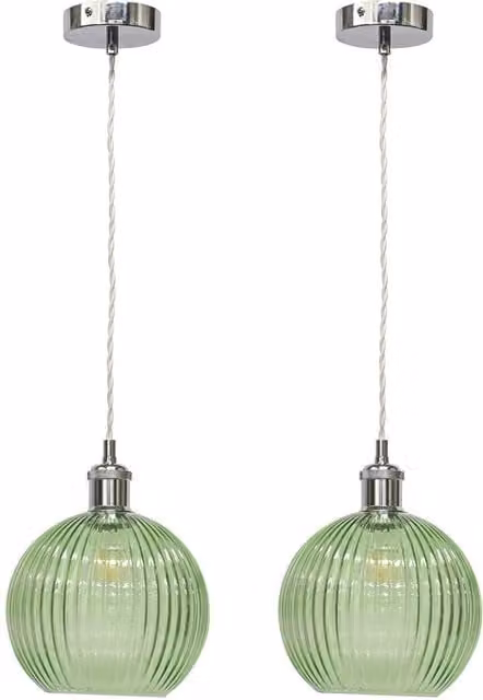 First Choice Lighting Betchley Set of 2 Retro Pendant Lights with Green Ribbed Glass and Chrome Finish