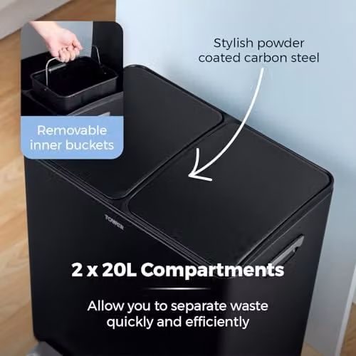 Tower T838022BLK 40L Recycling Pedal Bin with Two 20L Compartments and Removable Inner Buckets, Black Coated Steel – 5