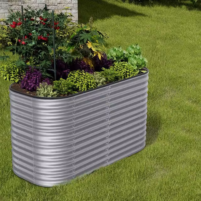 Livingandhome Silver Oval-Shaped Galvanised Steel Raised Garden Flower Bed, 160 cm