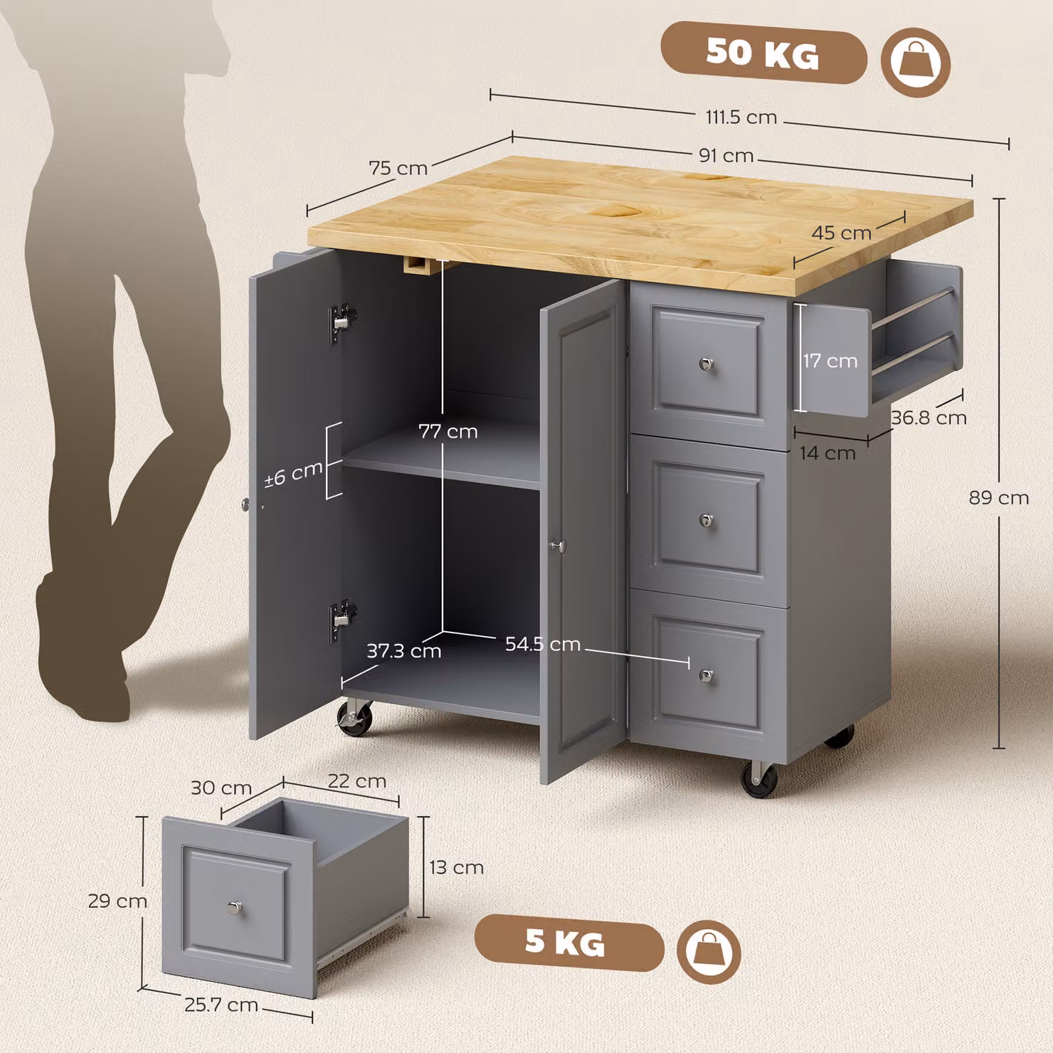 HOMCOM Grey Rolling Kitchen Island Trolley with Drop Leaf, Drawers, Towel and Spice Rack – 2