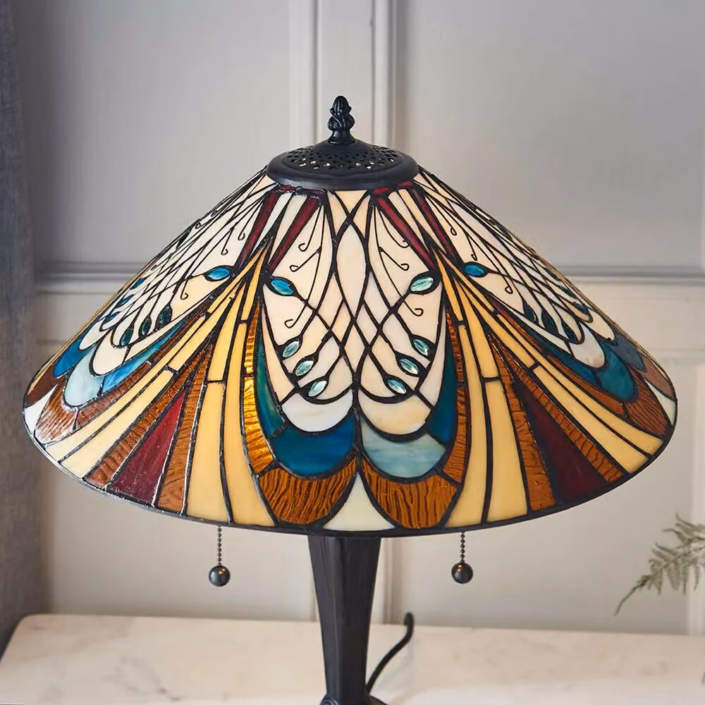 Loops Tiffany Glass LED Table Lamp in Dark Bronze and Multicolour Glass – 3