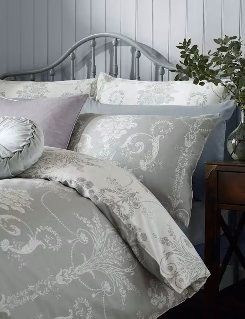 Laura Ashley Josette 2 Pack Pure Cotton Sateen Floral Pillowcases, Grey Mix