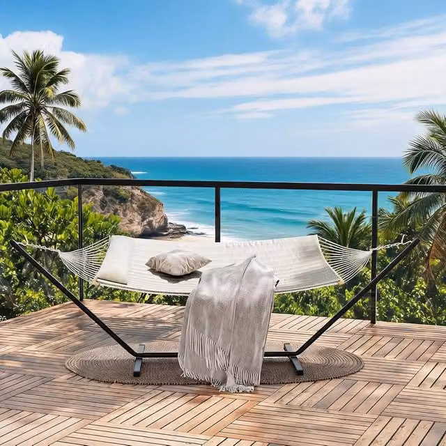 London Boutique Double Hammock with Stand and Removable Pad in Beige