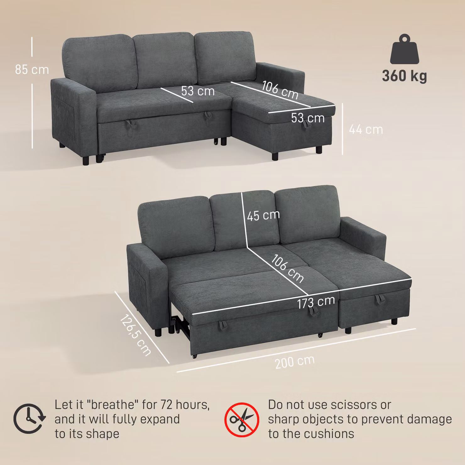HOMCOM 3 Seater Pull Out Sofa Bed with Reversible Chaise, Storage and Side Pockets, Charcoal Grey Linen-look Upholstery – 3