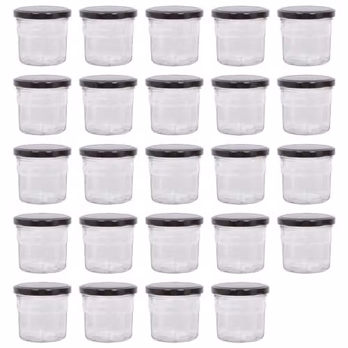 Argon Tableware Glass Jam Jars with Airtight Black Lids, 130ml, Pack of 24