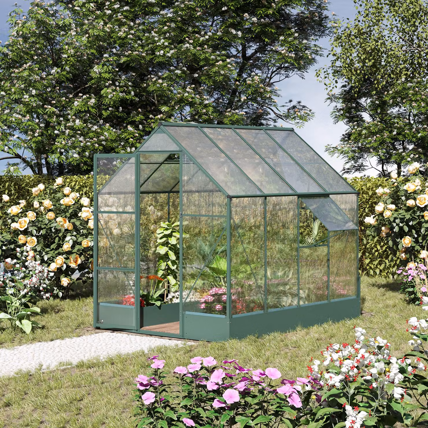 Outsunny Aluminium Garden Walk-in Greenhouse with Polycarbonate Panels, Raised Plant Bed, Hinged Window and Foundation, Green, W: 182.88 cm, D: 243.84 cm, H: 219 cm – 2