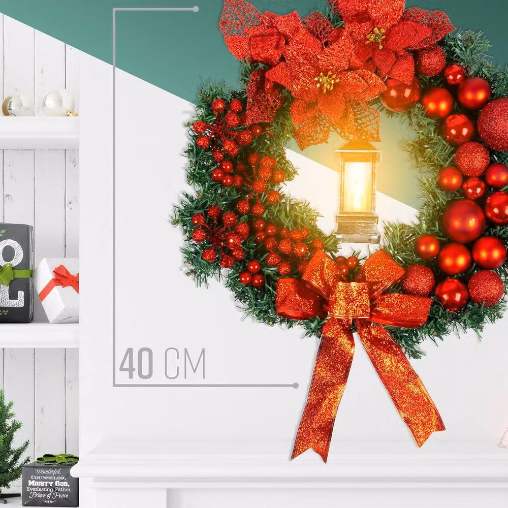 Globrite Red Christmas Wreath with Bows, Baubles and Lantern, Diameter: 40 cm – 5