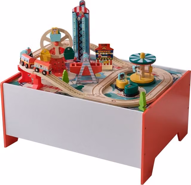 Teamson Kids Multicolour Wooden Train Set Activity Play Table with 6 Mini-Games