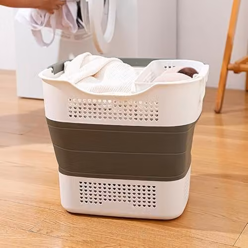 HYGRAD 43L Collapsible Laundry Basket with Handles in White and Grey