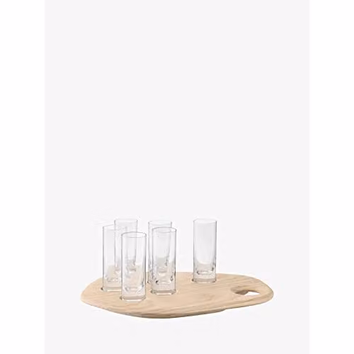 LSA 6-Piece Transparent Glass Shot Glass Set with Round Solid Wood Serving Tray and Handles – 3