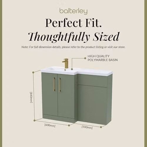 Balterley Green L-Shaped Vanity Unit with L-Shaped Basin, WC Unit and Brushed Brass D Shape Handles, Floor Standing 2 Door Soft Close Bathroom Storage Set – 2
