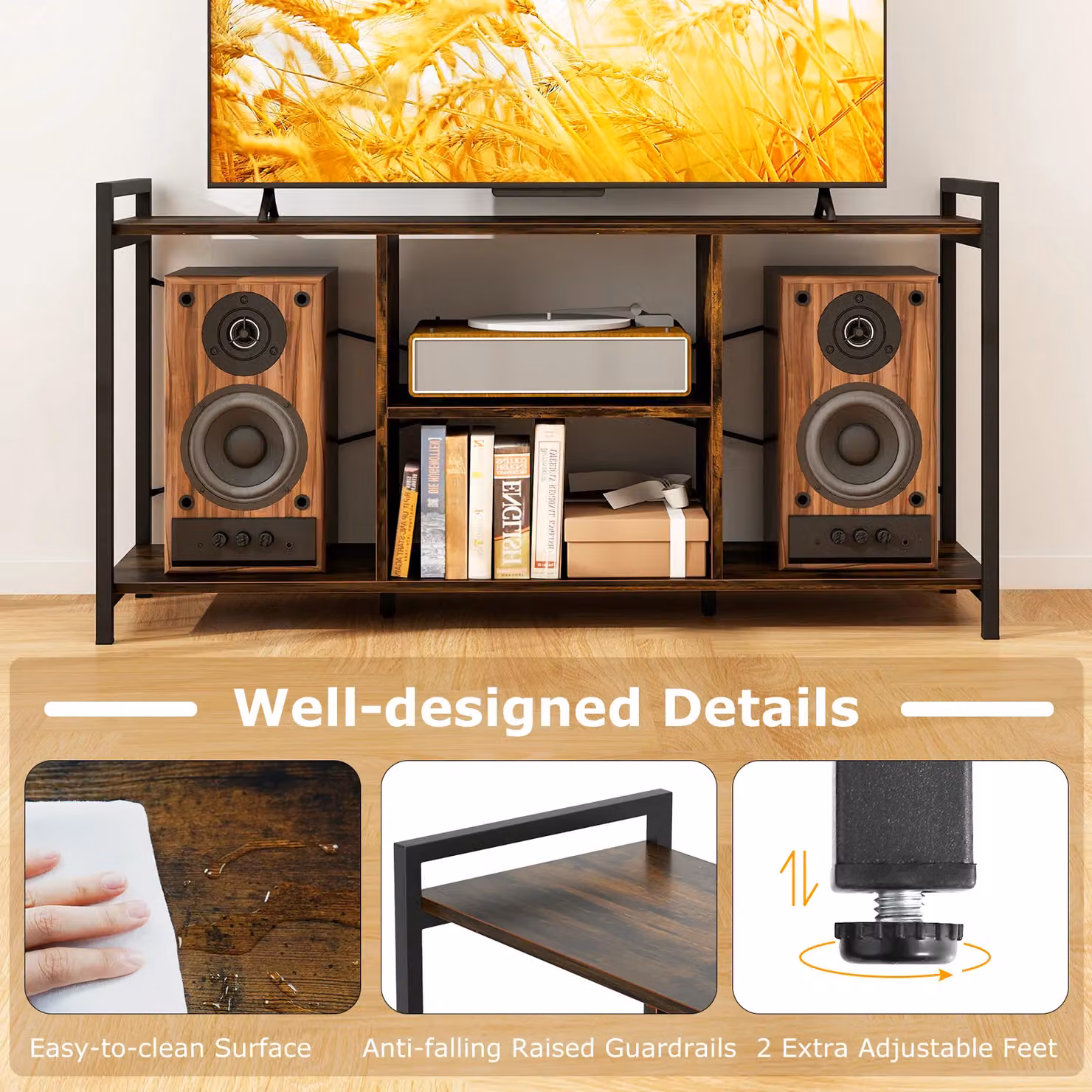 Gymax Industrial TV Stand for up to 55 inch TVs with 4 Shelves, Brown – 4