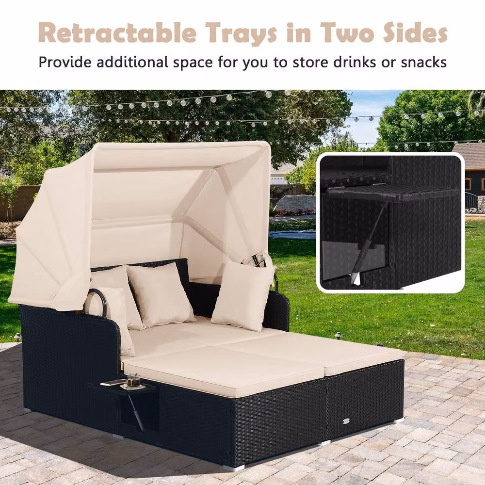 Costway Outdoor Hand-Woven PE Wicker Daybed Patio Loveseat Sofa Set with Sun Canopy and Side Tray in Beige – 4