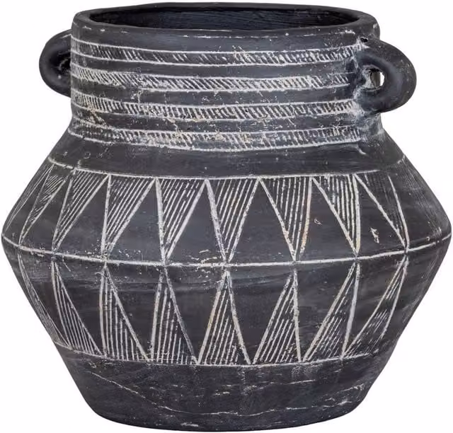 Lemon Pavilion Etched Collection Tall Ceramic Pot with Handle, Black, W: 27 cm, D: 27 cm, H: 24 cm