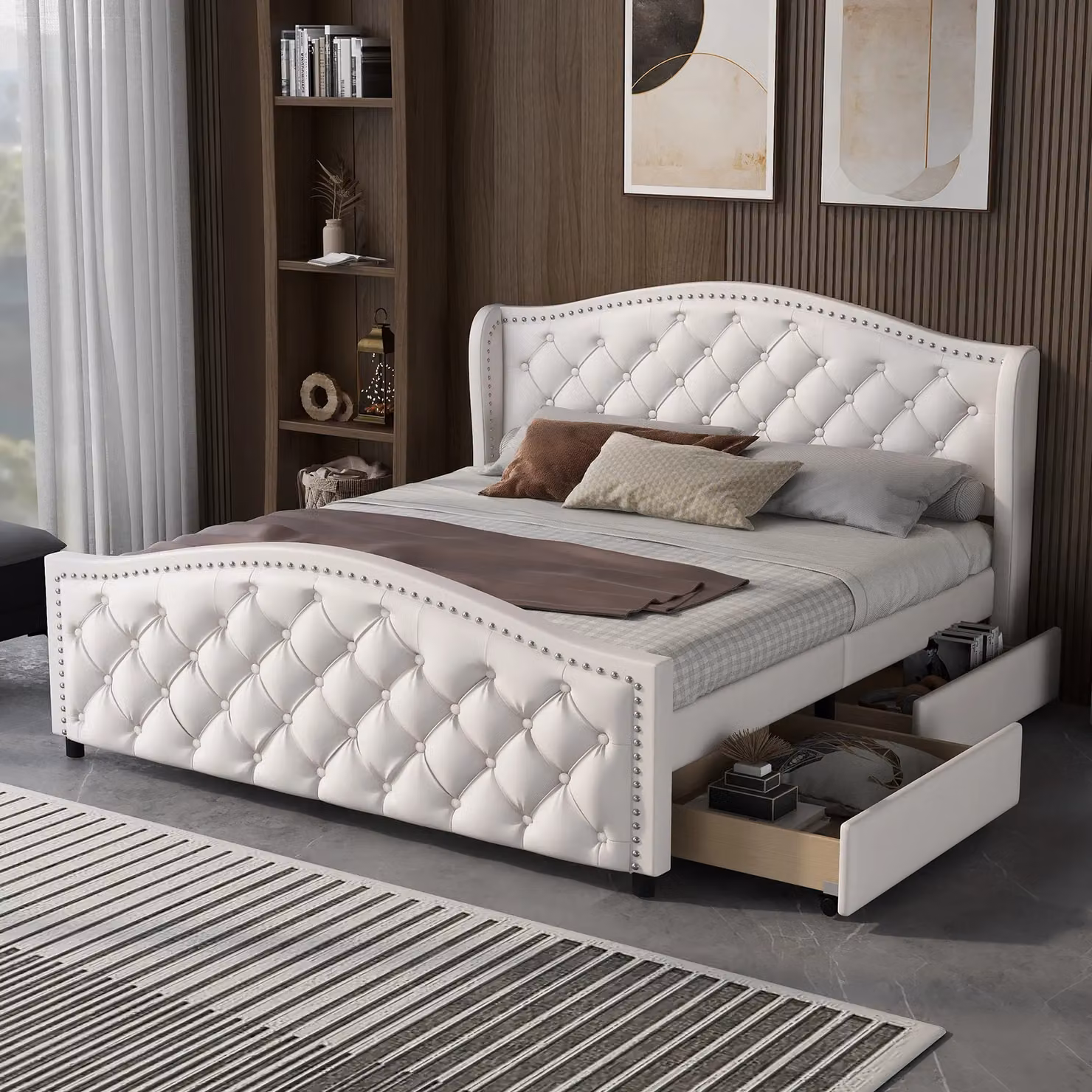 Matteo Upholstered Bed with Slatted Frame and 2 Drawers in White, W/D/H: 140 x 200 cm – 2
