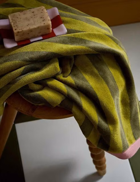 LAND & SHORE Fluffy Multicolour Green Striped Pure Cotton Terry Velour Towel