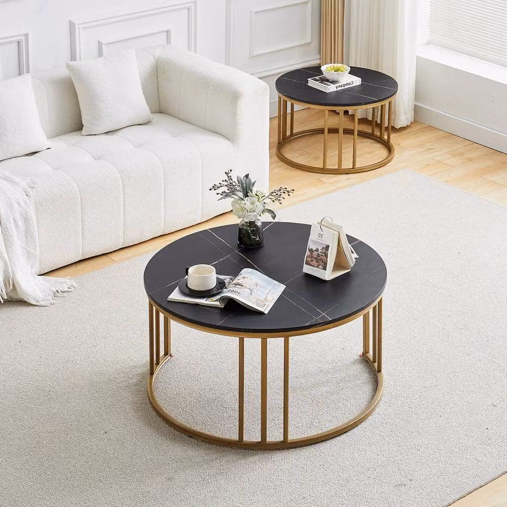 KORVIXA Black Round Nesting Coffee Table Set of 2 with Marble Tops, Diameter: 100 cm – 4