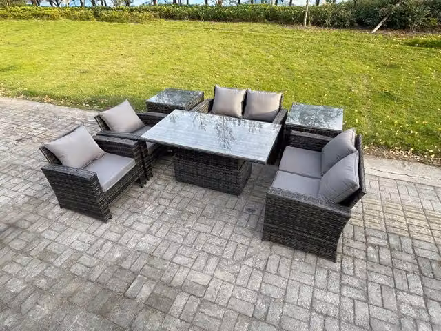 Fimous Rattan Garden Furniture Set with Rising Lifting Table, Double Seat Sofa and 2 Side Tables in Dark Grey