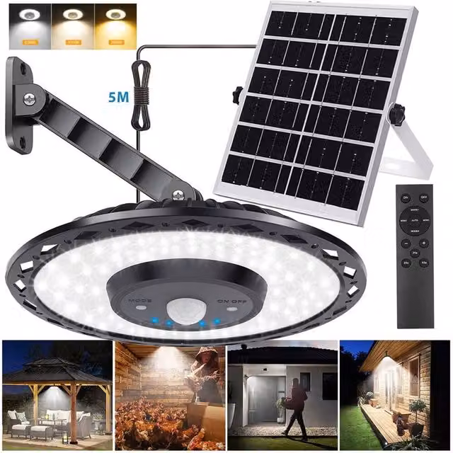 FLAVORA Solar Powered LED Pendant Ceiling Light with Motion Sensor and Remote Control in Black