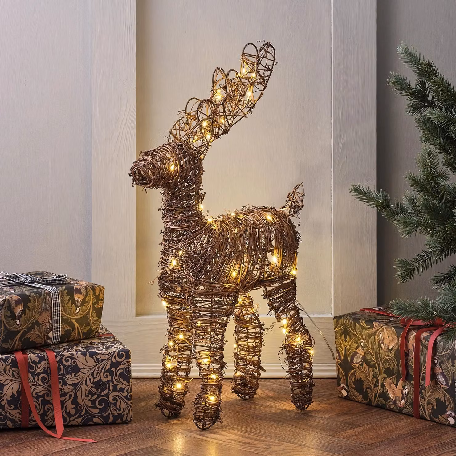 Lights4fun Christmas Indoor Light Up Rattan Reindeer Figure Decoration in White and Brown with Warm White LED, Height: 55 cm